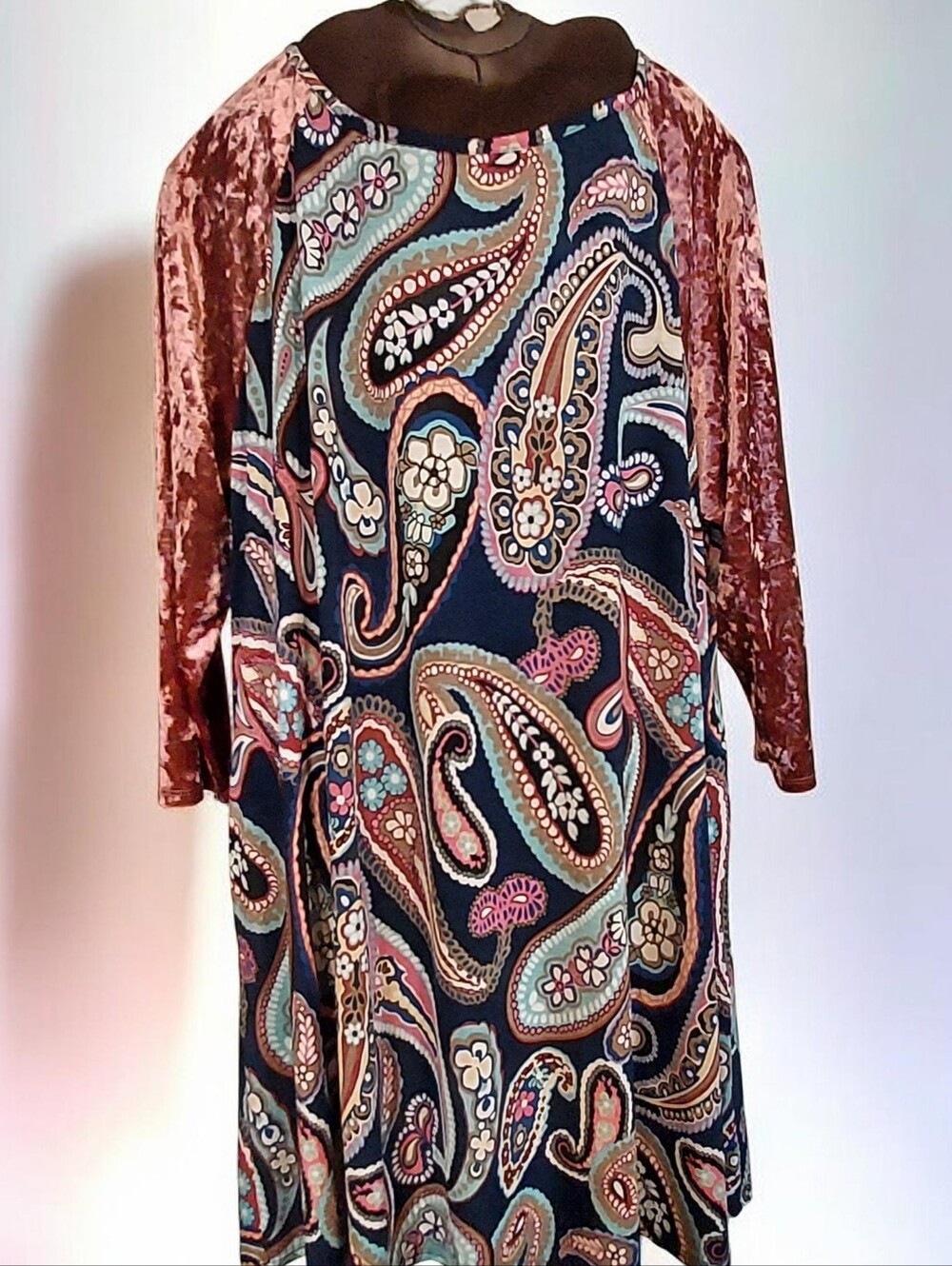 Womens Plus Size Paisley Velvet Sleeve Midi Dress - Multicolor 2X